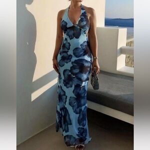 Zara Blue and Black Floral Halter Maxi Dress